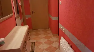 a bathroom with a sink and a red wall at Sana apartment in Sanski most