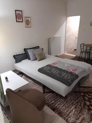 a bedroom with a large bed and a chair at Irma in Tuzla