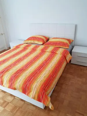 a bedroom with a bed with a striped comforter at Apartman Taša in Banja Luka