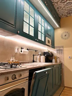 a kitchen with green cabinets and a stove at APARTMENTS VRANAS in Visoko