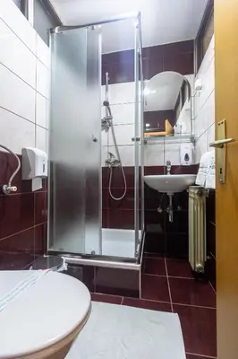 a bathroom with a shower and a toilet and a sink at Motel Atos in Laktaši