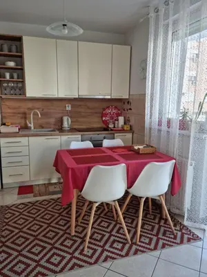 a kitchen with a table with a red table cloth on it at Stan na dan 