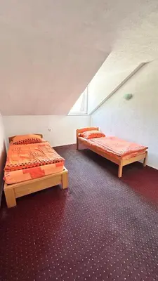two beds in a room with a attic at Apartman Torlakovac in Donji Vakuf