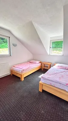 a bedroom with two beds and two windows at Apartman Torlakovac in Donji Vakuf
