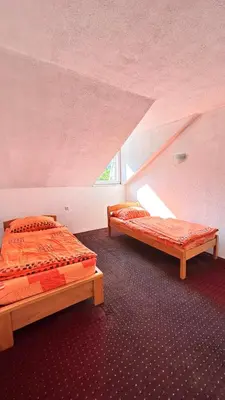 two beds in a room with an attic at Apartman Torlakovac in Donji Vakuf