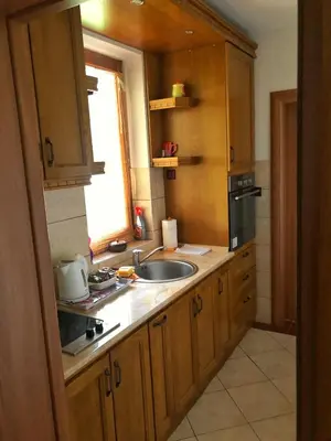 a kitchen with wooden cabinets and a sink and a window at Vikendica Atos in Nova Topola