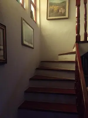 a hallway with stairs with paintings on the wall at Spacious and Charming House in Vozuća with Large Garden in Vozuća