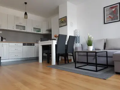 a kitchen and living room with a table and chairs at Apartman DIJANA in Banja Luka