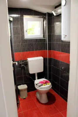 a bathroom with a toilet with a window and black tiles at 