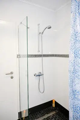 a shower with a glass door in a bathroom at Villa Jajce in Jajce