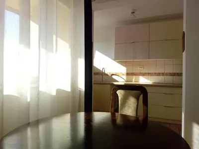 a kitchen with a wooden table and a kitchen counter at Apartment Palas in Banja Luka