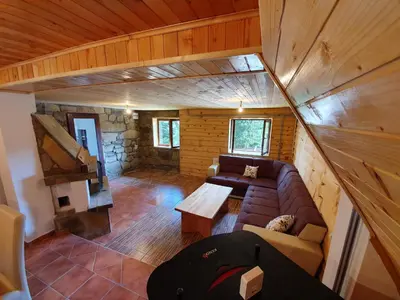 an overhead view of a living room in a log cabin at Vikendica PAM in Vlasic