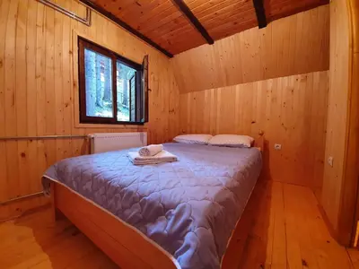 a bedroom with a bed in a wooden cabin at Vikendica PAM in Vlasic