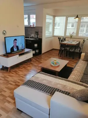 a living room with a couch and a tv at Apartman EDEN No 1 in Teslić