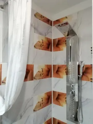 a shower in a bathroom with white walls at Apartman EDEN No 1 in Teslić