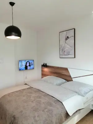 a bedroom with a large bed in a white room at Apartman EDEN No 1 in Teslić