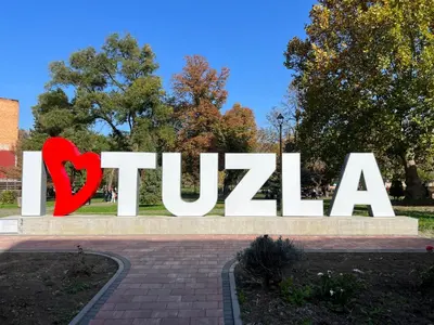a large white sign with a red heart at Korzo Tuzla in Tuzla