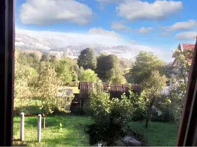 a view from a window of a field with trees at Cozy House in Jazvine with Garden in Jazvine