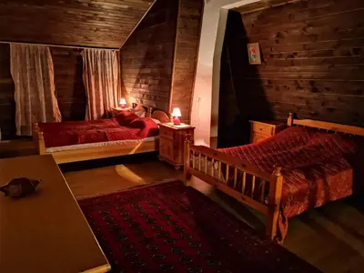 a bedroom with two beds in a room with wooden walls at Winter Forest Vlasic in Travnik