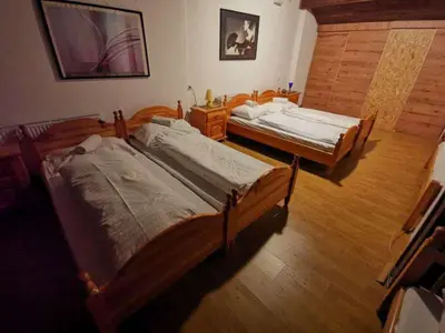two twin beds in a room with wooden floors at Winter Forest Vlasic in Travnik