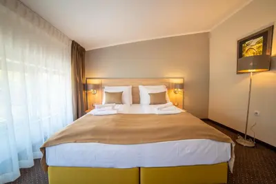 a bedroom with a large bed in a room at Hotel Soni Lux in Tuzla