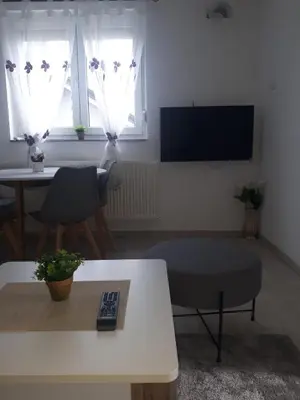 a living room with a table and a tv at Apartman KIWI in a quite central area in Banja Luka