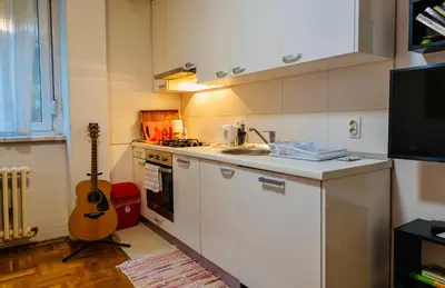 a kitchen with a sink and a guitar in it at Apartman Olivia in Banja Luka