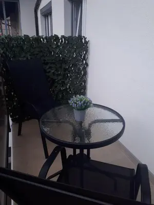 a table and a chair with a potted plant on it at Apartman Mango Banja Luka center hospital Free parking in Banja Luka