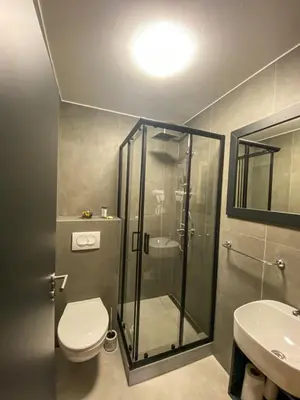 a bathroom with a shower and a toilet and a sink at Prenociste Lane in Ključ