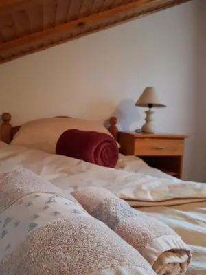 a bedroom with two beds and a table with a lamp at Apartman Ivana in Jajce