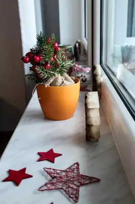a table with a plant in a pot on a window sill at Bright, modern & cozy apartment in Tuzla
