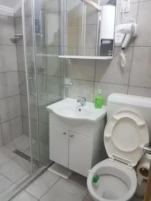 a bathroom with a shower and a toilet and a sink at DASS apartmani in Banja Luka