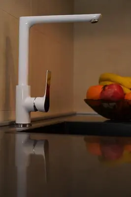 a bowl of fruit on a counter with a knife at Jackey apartment in Banja Luka