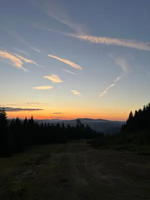 a sunset on the top of a hill with trees at Vikendica Eden in Vlasic