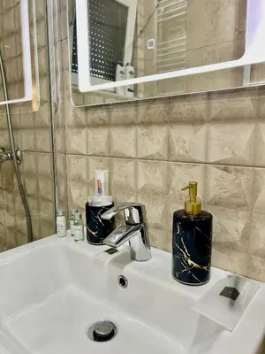 a bathroom sink with a faucet and a mirror at Apartman Venecija Banja Luka in Banja Luka