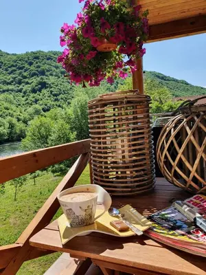 a table with a cup of coffee and a basket of flowers at GOLD RIVER in Krupa na Vrbasu