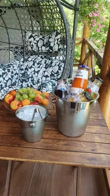 two buckets of beer and a bowl of fruit on a table at GOLD RIVER in Krupa na Vrbasu
