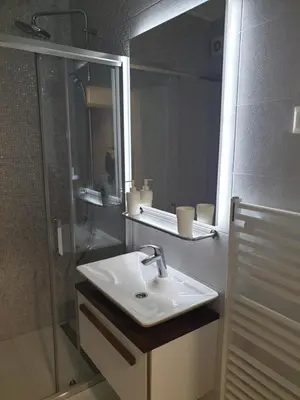 a bathroom with a sink and a shower and a mirror at Apartman Viktoria in Tuzla