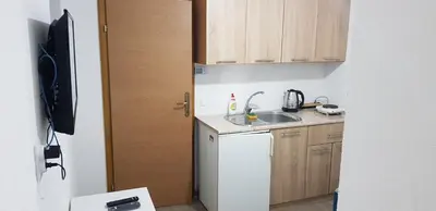 a small kitchen with a sink and a refrigerator at Apartman za dvoje in Vlasic