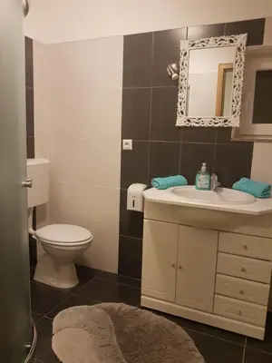 a bathroom with a sink and a toilet and a mirror at Hostel Mornar in Velika Kladuša