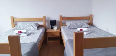 two beds sitting next to each other in a room at Studio Apartman SAJRA in Kulen Vakuf