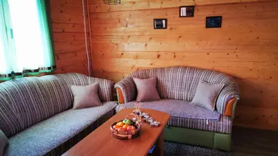 a living room with two couches and a table with a bowl of fruit at Wooden House 