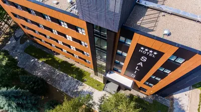 an overhead view of a building with a sign on it at Hotel Salis in Tuzla