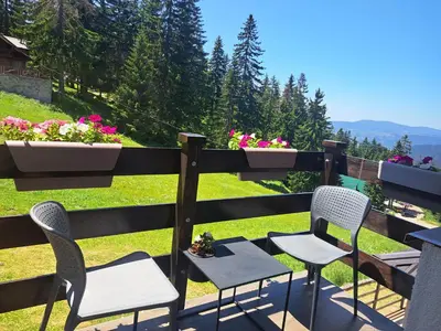 two chairs and a table on a balcony with flowers at Vlasicka avantura Eko Fis 509 in Vlasic