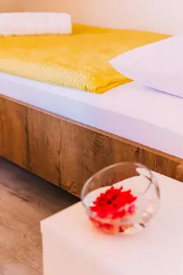 a bowl of red flowers on a table next to a bed at Apartmani Markešić Ramsko jezero in Prozor