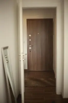 a hallway with a wooden door in a room at Apartment Perviz in Bihać
