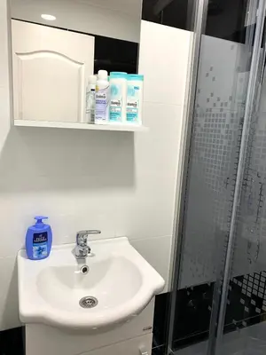 a bathroom with a sink and a shower at Apartmani GO Bugojno in Bugojno