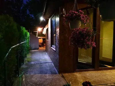 an alley at night with flowers hanging from a building at Holiday Home Dragon in Visoko