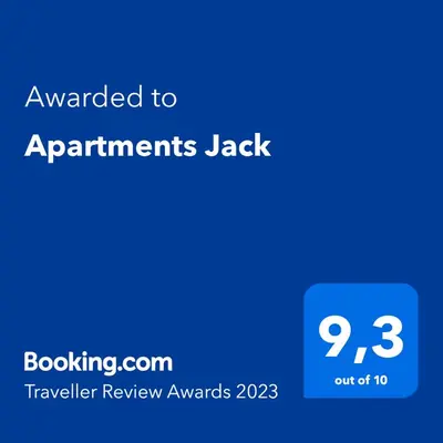 a blue text box with the words awarded to applicants jack at Apartments Jack in Bihać