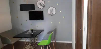 a dining room with a black table and green chairs at Apartments Jack in Bihać